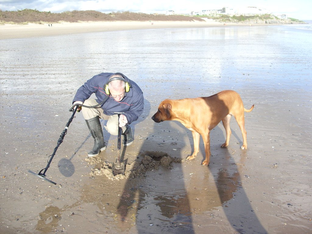 man with dog and detector